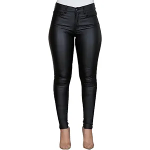Women black PU leather skinny pants sexy casual high waist long trousers main view