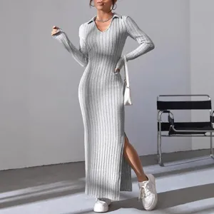 Elegant long sleeve lapel ribbed knit maxi dress with V-neck and side slit for women autumn.