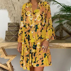 Boho floral print long sleeve tiered midi dress, perfect vintage street style for spring wear.