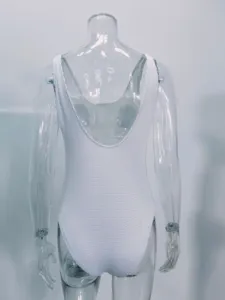 Detailed back view of a white textured crinkle one-piece swimsuit with scoop back design.