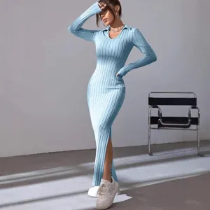 Elegant light blue ribbed knit long sleeve maxi dress for women chic casual wear main view