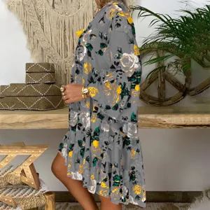 Detailed view of the women's grey floral print tiered loose dress with chic boho style.