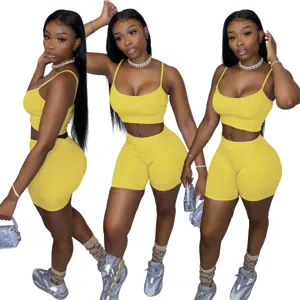 Women 2 piece sleeveless crop top shorts casual set activewear yellow fashion outfit
