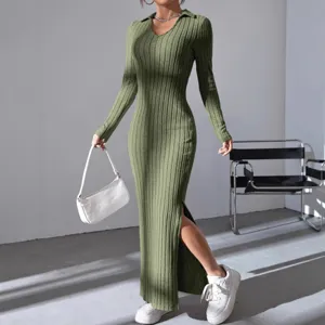 Women Elegant Long Sleeve Lapel Ribbed Bodycon Maxi Dress Autumn Casual Chic Outfit