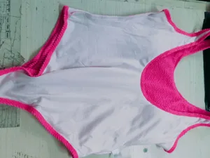 Women one-piece swimsuit neon crinkle fabric candy color wave stripe swimwear for summer beach.