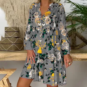 Floral print long sleeve tiered dress, boho vintage casual half open collar design.