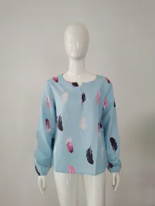 Blue feather print long sleeve V-neck loose t-shirt women casual top for spring and summer.