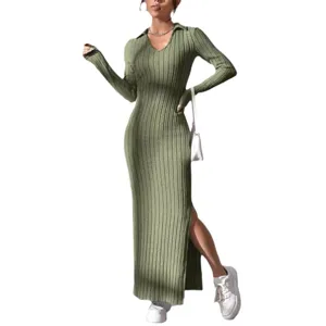 Women long sleeve polo collar ribbed knit midi dress elegant slim fit side split casual outfit