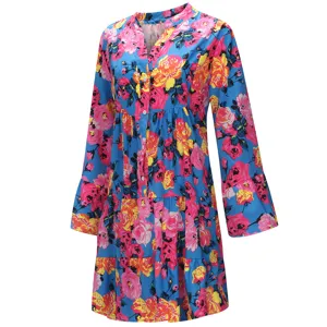 Blue floral print long sleeve tiered mini dress featuring v-neck and front buttons detail.