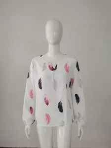 Women V-neck feather print long sleeve loose blouse casual top product detail view