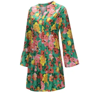 Retro floral long sleeve tiered dress for women, vintage style fashion piece with button front.