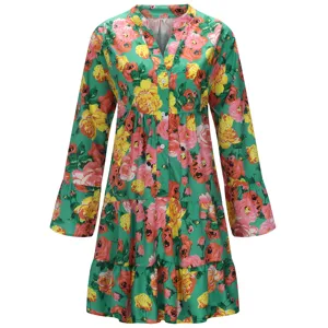 Floral print long sleeve tiered mini dress with button V-neck for women spring style