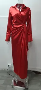 Red satin long sleeve lapel high waist split maxi jumpsuit, elegant women evening wear.