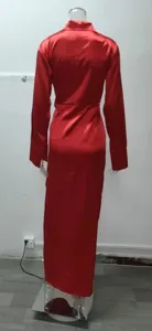 Women red satin long sleeve lapel high waist jumpsuit, elegant back view detail display.
