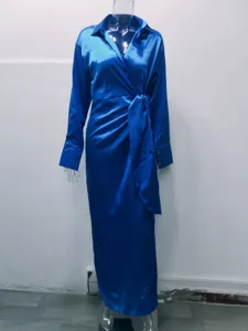 Blue satin long sleeve lapel jumpsuit detail view, elegant high waist fashion style