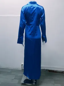 Royal blue long sleeve satin jumpsuit with turn down collar and high waist design.