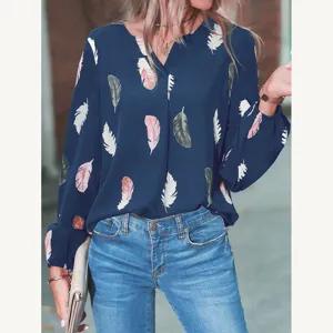 Women Elegant V-Neck Feather Print Long Sleeve Blouse Casual Loose Autumn Fashion Top