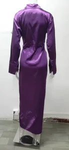 Back view of a purple satin long sleeve lapel high waist jumpsuit, elegant detail shot.