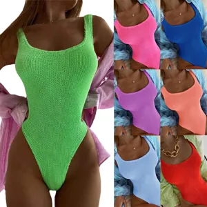 Women's One-Piece Swimsuit European and American Crinkle Fabric Wave Stripe Candy Color High Cut Swimwear
