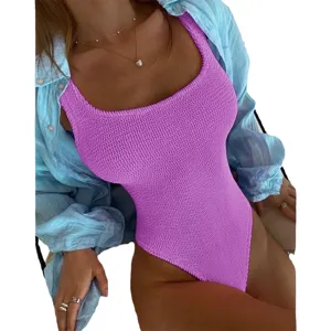 Women purple crinkle one piece swimsuit textured stylish swimwear beach vacation apparel