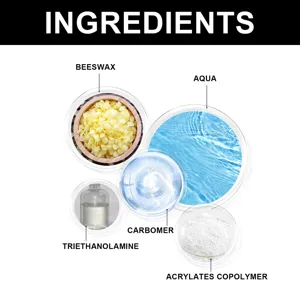 Detailansicht zeigt kosmetische Inhaltsstoffe wie Bienenwachs und Wasserbestandteile.