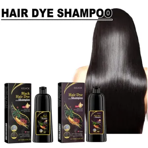 Detailansicht der EELHOE Haarfarbeshampoo Flasche und Box mit glänzenden schwarzen Haaren.