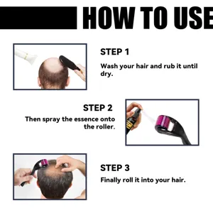 Instruction details showing how to use the hair growth roller and herbal spray for scalp care.