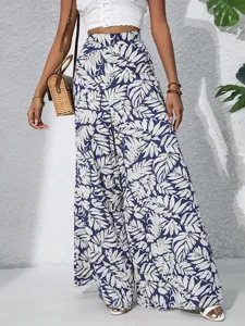 Summer tropical leaf print high waist wide leg pants, elegant vacation style casual trousers.