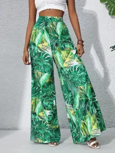 Green tropical leaf print high waist wide leg pants for women casual summer fashion