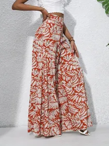 Detailed view of women summer floral printed high waist wide leg pants elegant vacation style trousers