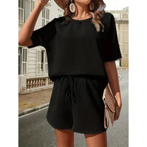 Waffle knit short sleeve top and shorts two piece set for women casual summer outfit