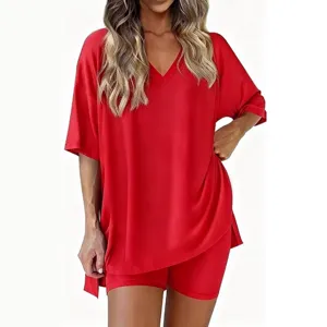 Γυναικείο Σετ Καλοκαιρινό Casual Μονόχρωμο V-Neck Χαλαρό T-Top και Σορτς Loungewear