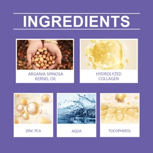 Shampoo ingredient infographic detailing argan oil, hydrolyzed collagen, zinc PCA, and more.