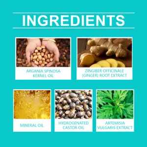 Detaillierte Inhaltsstoffe Infografik des Haaroils mit Argan-, Ingwer- und Rizinusölextrakten.