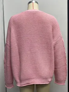 Pink knit cardigan for women, casual loose long sleeve sweater, autumn winter solid color coat.