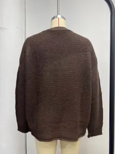 Detailed back view of a solid brown knit cardigan sweater, cozy relaxed fit casual outerwear.