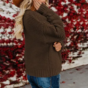 Women solid color chunky knit sweater long sleeve casual open front cardigan outerwear.