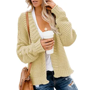 Women's casual solid color loose knit cardigan autumn winter long sleeve V-neck outerwear top