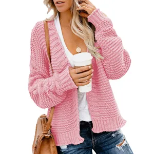 Chunky knit cardigan detail, cozy open front style, soft pink texture for autumn layering.