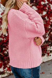 Pink chunky knit cardigan sweater, casual loose long sleeve outerwear for women winter.