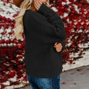 Women's black casual knit sweater loose long sleeve pullover stylish autumn daily wear top