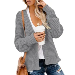 Womens casual loose knit cardigan autumn winter solid color long sleeve open front outwear top