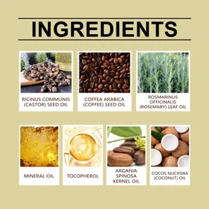 Detailed ingredients infographic for plant hair care oil highlighting botanical extracts.