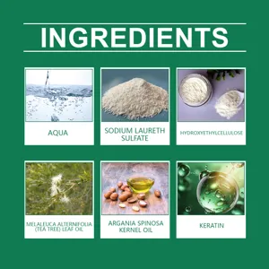 Tea tree shampoo detail showing key natural ingredients like tea tree oil and argan oil.