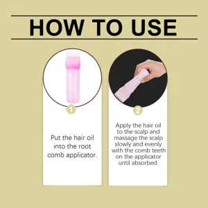Root comb applicator bottle detail showing instructions for easy hair oil application use.