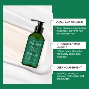Tea tree smoothing shampoo detail showing deep cleansing, hair strengthening and moisturizing.