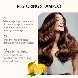 Shampooing réparateur thermo-protecteur pour cheveux secs et frisés aux extraits de fruits.