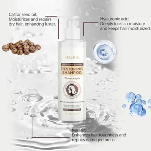 Vue détaillée du flacon de shampooing réparateur capillaire à l'huile de ricin et kératine.