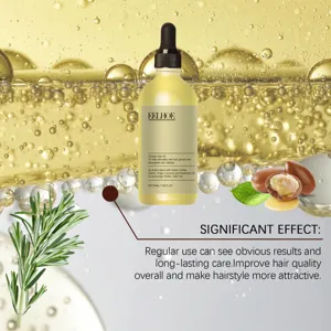 Detail view of hair oil essence with natural ingredients, dropper bottle and delicate bubble scene.