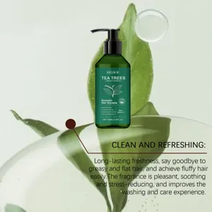 Detail view of EELHOE tea tree smooth shampoo bottle with green leaf background and clean water droplets.